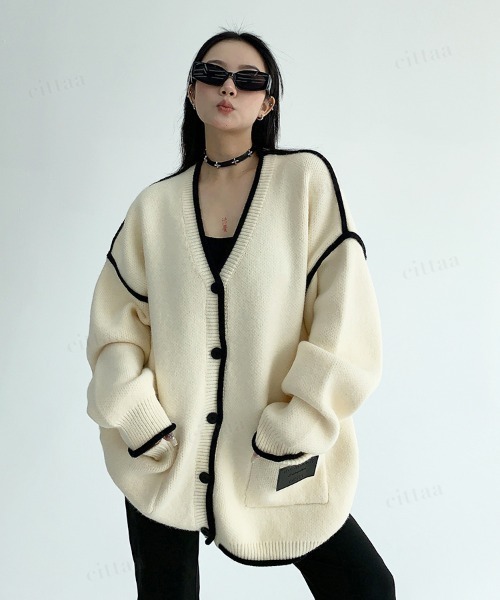 Dalfwin(ダールフィン)の「韓国ファッション バイカラーパイピングラインゆるニットカーディガン(ニット/セーター・レディース・ブラック/ベージュ・FREE)」の1枚目の写真