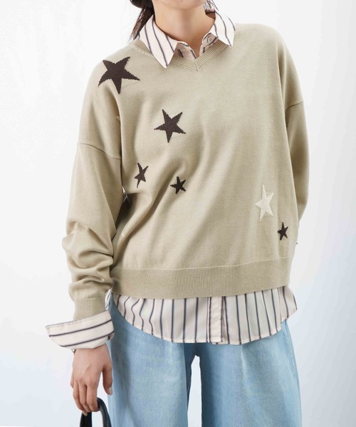 LUCA/LADY LUCK LUCA（ルカ/レディラックルカ）の「LC/LLL 星Vネックニット（ニット/セーター・レディース・グリーン/ベージュ/ブラック・FREE）」の3枚目の写真