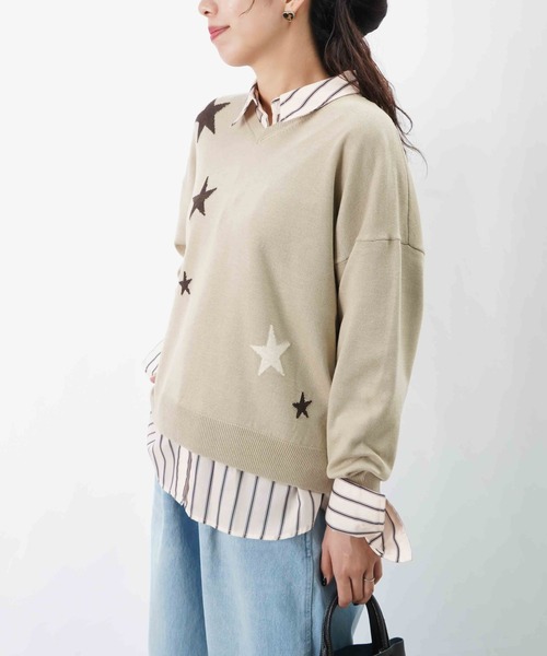 LUCA/LADY LUCK LUCA（ルカ/レディラックルカ）の「LC/LLL 星Vネックニット（ニット/セーター・レディース・グリーン/ベージュ/ブラック・FREE）」の13枚目の写真