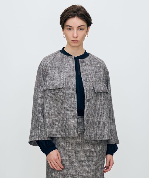 【ニジイロ】シビラ スタンドカラーAラインツイードジャケット スタンドカラーAラインツイードジャケット （セットアップ