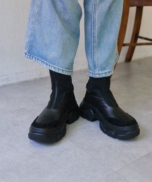 イアパピヨネ　本革ボリュームソールショートブーツ ブラック セール】《本革》ボリュームソールショートブーツ2025【SUM1