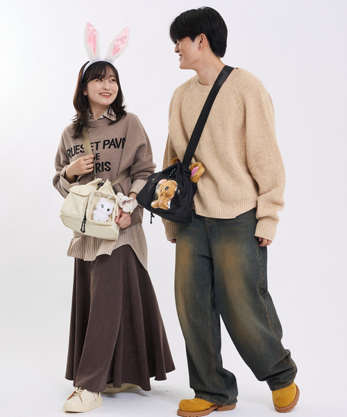 LOWELL things（ロウェル　シングス）の「【推し活/再入荷】オシゴト巾着ショルダーバッグ/2WAY（ショルダーバッグ・レディース・ブラック/アイボリー・フリー）」の4枚目の写真