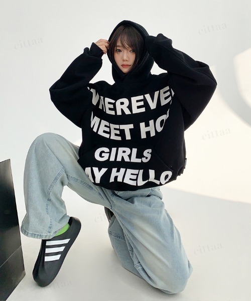 Dalfwin（ダールフィン）の「韓国ファッション WHEREVERフロントロゴフーディー（パーカー・レディース・ブラック/ライトグレー・FREE）」の5枚目の写真