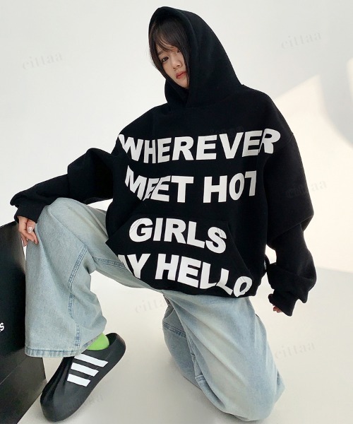 Dalfwin（ダールフィン）の「韓国ファッション WHEREVERフロントロゴフーディー（パーカー・レディース・ブラック/ライトグレー・FREE）」の6枚目の写真
