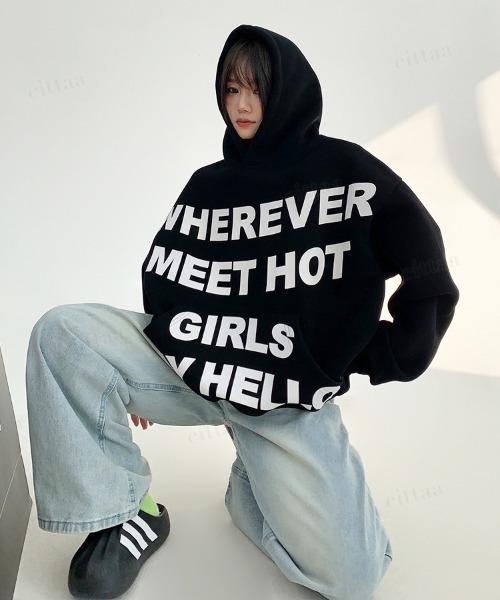 Dalfwin（ダールフィン）の「韓国ファッション WHEREVERフロントロゴフーディー（パーカー・レディース・ブラック/ライトグレー・FREE）」の7枚目の写真
