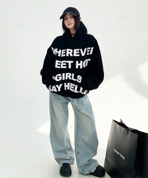 Dalfwin（ダールフィン）の「韓国ファッション WHEREVERフロントロゴフーディー（パーカー・レディース・ブラック/ライトグレー・FREE）」の9枚目の写真