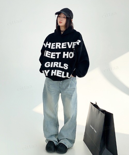 Dalfwin（ダールフィン）の「韓国ファッション WHEREVERフロントロゴフーディー（パーカー・レディース・ブラック/ライトグレー・FREE）」の10枚目の写真