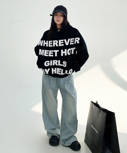 Dalfwin（ダールフィン）の「韓国ファッション WHEREVERフロントロゴフーディー（パーカー・レディース・ブラック/ライトグレー・FREE）」の11枚目の写真