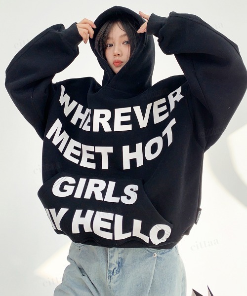 Dalfwin（ダールフィン）の「韓国ファッション WHEREVERフロントロゴフーディー（パーカー・レディース・ブラック/ライトグレー・FREE）」の3枚目の写真