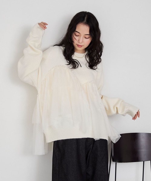 forksy.】ビスチェ風チュールドッキングボトルネックニットトップス