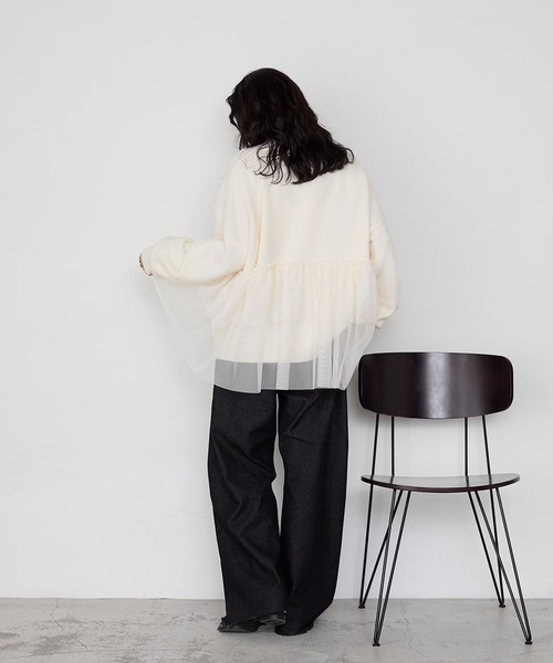 forksy.】ビスチェ風チュールドッキングボトルネックニットトップス