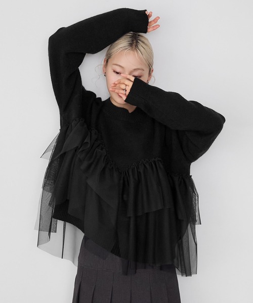 forksy.(フォルクシー)の「【forksy.】ビスチェ風チュールドッキングボトルネックニットトップス(ニット/セーター・レディース・ブラック/オフホワイト/ブラウン・FREE)」の4枚目の写真