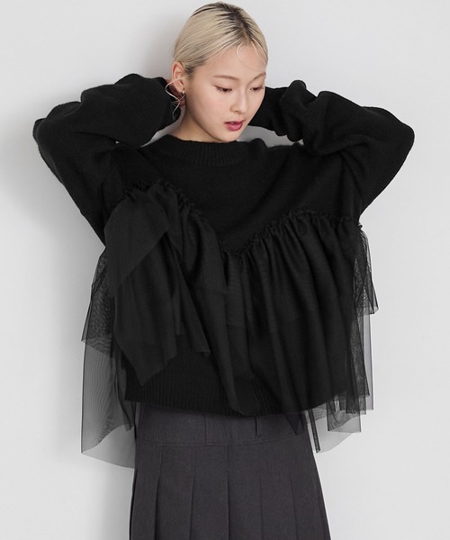 forksy.(フォルクシー)の「【forksy.】ビスチェ風チュールドッキングボトルネックニットトップス(ニット/セーター・レディース・ブラック/オフホワイト/ブラウン・FREE)」の5枚目の写真