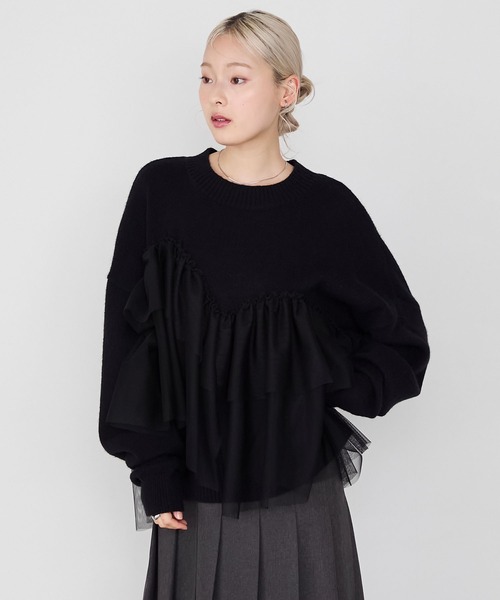 forksy.(フォルクシー)の「【forksy.】ビスチェ風チュールドッキングボトルネックニットトップス(ニット/セーター・レディース・ブラック/オフホワイト/ブラウン・FREE)」の6枚目の写真
