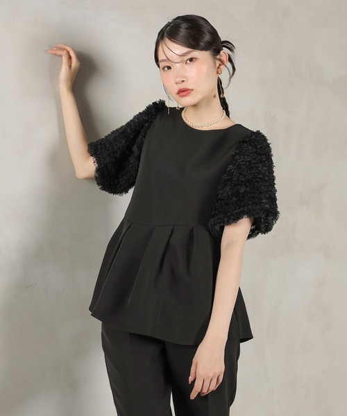 Kana（カナ）の「チュールフリル袖 ペプラムトップス テーパードパンツ セットアップ ドレス パーティー 結婚式 お呼ばれ オケージョン（パンツドレス・レディース・ブラック/ホワイト×ブラック・M）」の13枚目の写真