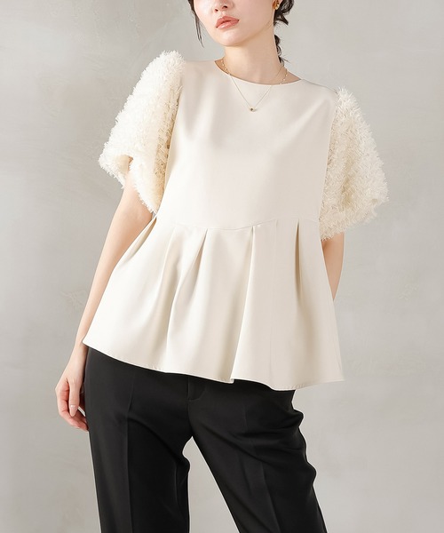 Kana（カナ）の「チュールフリル袖 ペプラムトップス テーパードパンツ セットアップ ドレス パーティー 結婚式 お呼ばれ オケージョン（パンツドレス・レディース・ブラック/ホワイト×ブラック・M）」の9枚目の写真