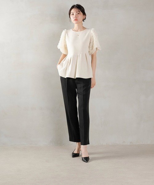 Kana（カナ）の「チュールフリル袖 ペプラムトップス テーパードパンツ セットアップ ドレス パーティー 結婚式 お呼ばれ オケージョン（パンツドレス・レディース・ブラック/ホワイト×ブラック・M）」の10枚目の写真