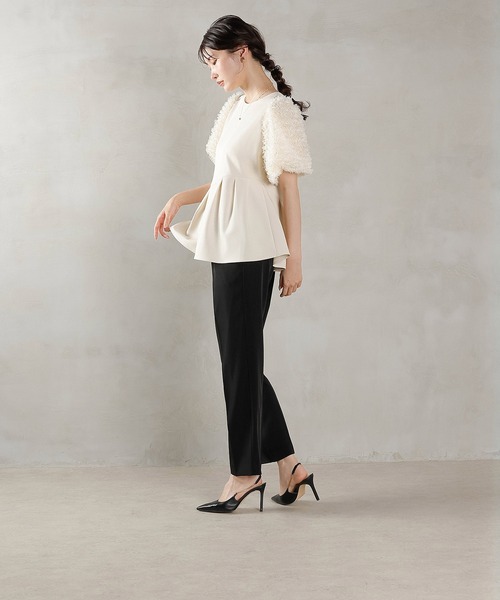 Kana（カナ）の「チュールフリル袖 ペプラムトップス テーパードパンツ セットアップ ドレス パーティー 結婚式 お呼ばれ オケージョン（パンツドレス・レディース・ブラック/ホワイト×ブラック・M）」の11枚目の写真