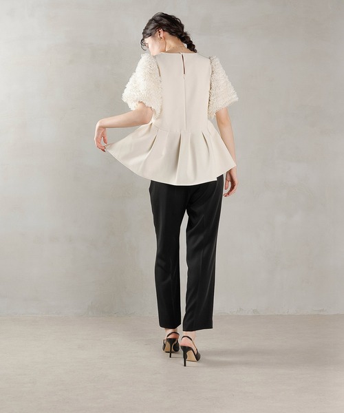 Kana（カナ）の「チュールフリル袖 ペプラムトップス テーパードパンツ セットアップ ドレス パーティー 結婚式 お呼ばれ オケージョン（パンツドレス・レディース・ブラック/ホワイト×ブラック・M）」の12枚目の写真