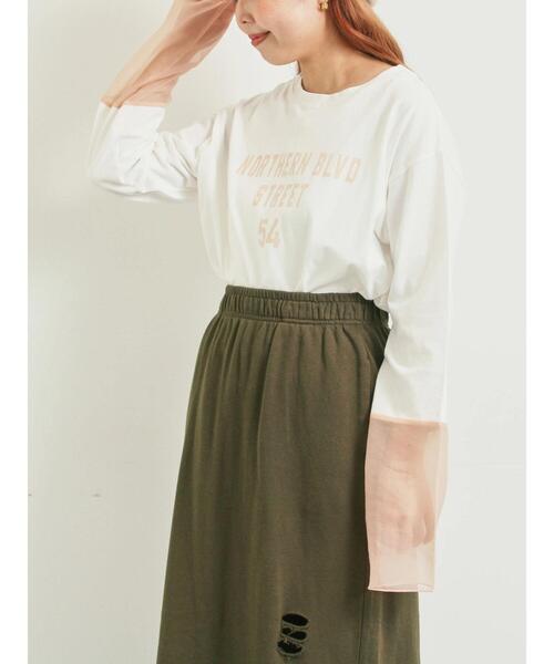 SM2（エスエムツー）の「袖口シアー切替ロゴプリントカットソー（Tシャツ/カットソー・レディース・オフホワイト/ブルー/チャコールグレー/オレンジ・F）」の2枚目の写真