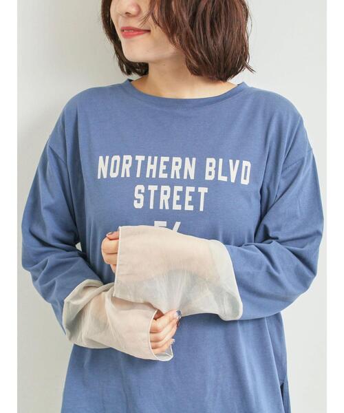 SM2（エスエムツー）の「袖口シアー切替ロゴプリントカットソー（Tシャツ/カットソー・レディース・オフホワイト/ブルー/チャコールグレー/オレンジ・F）」の4枚目の写真