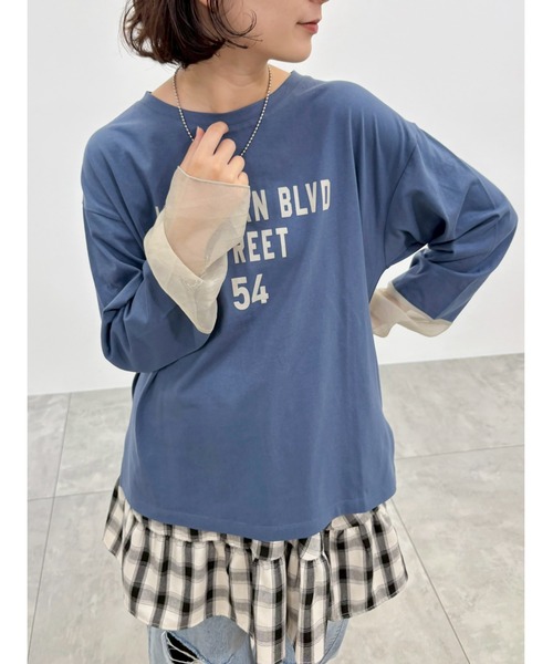 SM2（エスエムツー）の「袖口シアー切替ロゴプリントカットソー（Tシャツ/カットソー・レディース・オフホワイト/ブルー/チャコールグレー/オレンジ・F）」の6枚目の写真