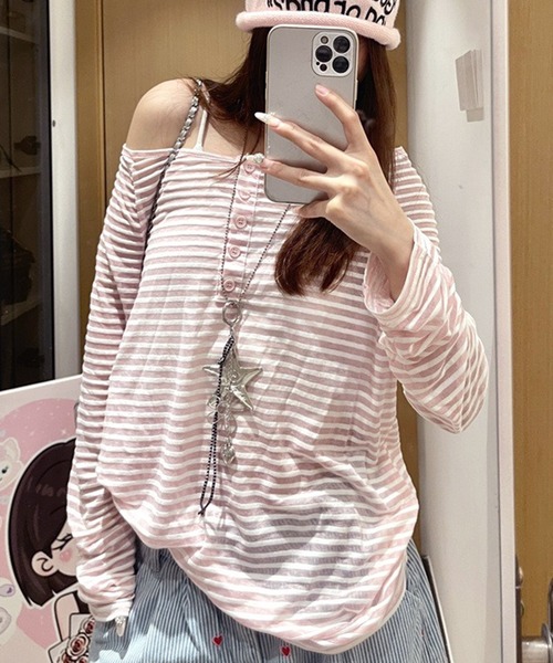 VIBGYOR（ヴィブジョー）の「【EIZZ/アイズ】ゆったりシルエット ボーダー柄 オフショルダー カットソー（Tシャツ/カットソー・レディース・ブラック/ピンク・FREE）」の6枚目の写真