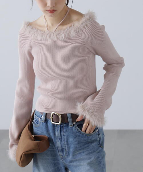 FREE'S MART(フリーズマート)の「◆フェザートリミングリブニット(ニット/セーター・レディース・ホワイト/ピンク/グレー・FREE)」の1枚目の写真