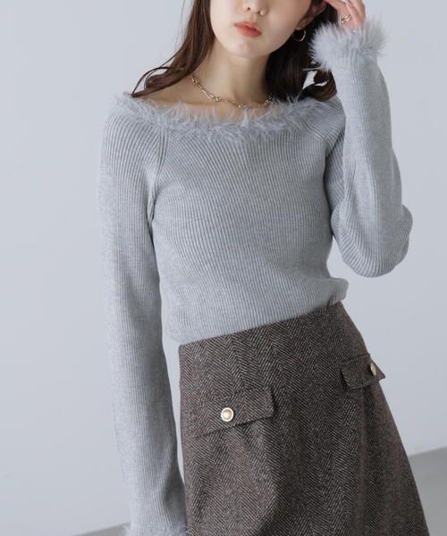 FREE'S MART(フリーズマート)の「◆フェザートリミングリブニット(ニット/セーター・レディース・ホワイト/ピンク/グレー・FREE)」の4枚目の写真