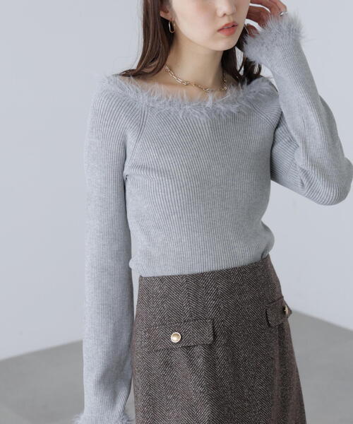 FREE'S MART(フリーズマート)の「◆フェザートリミングリブニット(ニット/セーター・レディース・ホワイト/ピンク/グレー・FREE)」の6枚目の写真