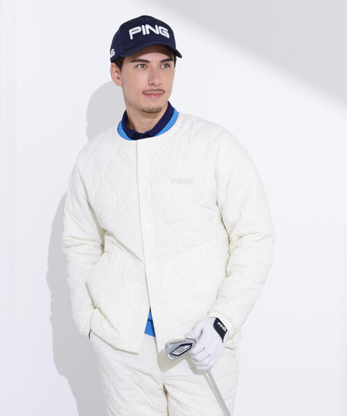 ストレッチタフタ アウター ホワイト PING APPAREL】ストレッチタフタキルティングノーカラーブルゾン