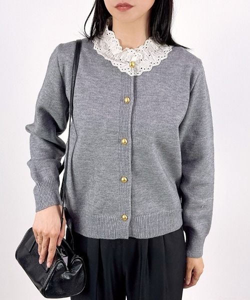 Jane Marple グレー レース　ニットカーディガン セール】【レトロフェミニン×大人かわいい】襟レースニット