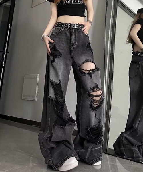 SPIGA(スピーガ)の「クラッシュワイドデニムパンツ(デニムパンツ・レディース・ブラック・SMALL/MEDIUM/LARGE/X-LARGE)」の1枚目の写真