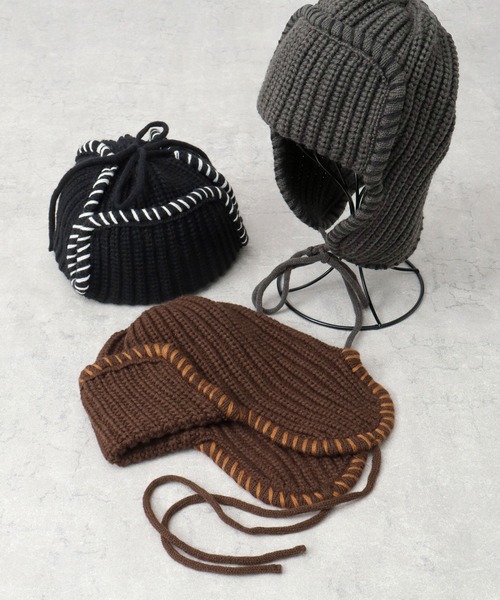 A.M.S.（エーエムエス）の「ステッチ ローゲージ ニットアビエーター ニット帽（ニットキャップ/ビーニー・レディース・グレー/ブラック/ブラウン・FREE）」の9枚目の写真