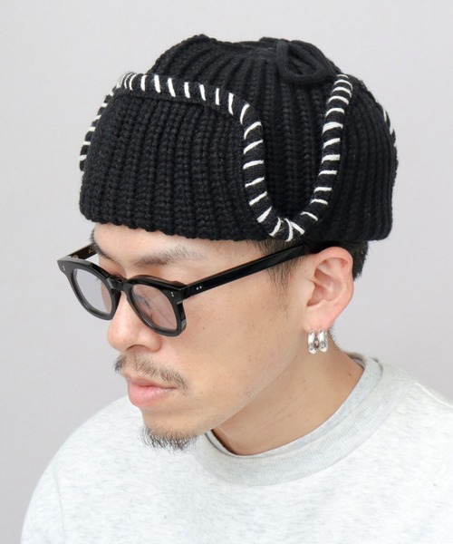 A.M.S.（エーエムエス）の「ステッチ ローゲージ ニットアビエーター ニット帽（ニットキャップ/ビーニー・レディース・グレー/ブラック/ブラウン・FREE）」の5枚目の写真