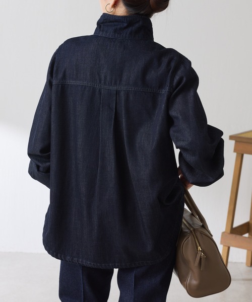 セール】Q.anos/スタンドネック袖リブデニムシャツ/WEB限定カラー展開