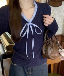 胸リボン異素材ミックスVネックニット