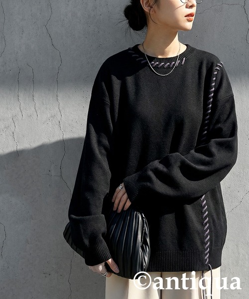 antiqua(アンティカ)の「配色ステッチ ニット(ニット/セーター・レディース・グレー/ブラック/アイボリー・ONESIZE)」の3枚目の写真