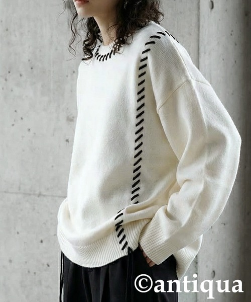 antiqua(アンティカ)の「配色ステッチ ニット(ニット/セーター・レディース・グレー/ブラック/アイボリー・ONESIZE)」の7枚目の写真