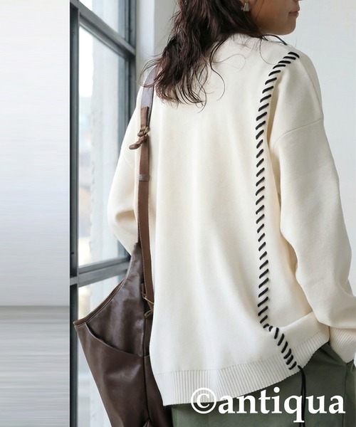 antiqua(アンティカ)の「配色ステッチ ニット(ニット/セーター・レディース・グレー/ブラック/アイボリー・ONESIZE)」の4枚目の写真