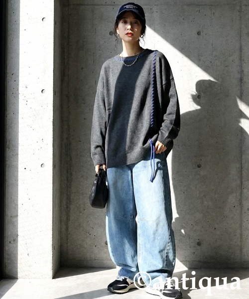 antiqua(アンティカ)の「配色ステッチ ニット(ニット/セーター・レディース・グレー/ブラック/アイボリー・ONESIZE)」の19枚目の写真