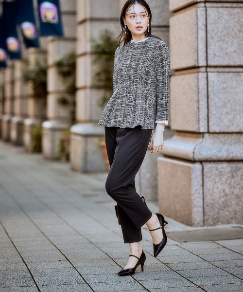 nissen（ニッセン）の「【入学式・卒業式】取り外せるフリル襟付カットツイードペプラムブラウス＋ジャージーテーパードパンツセット＜大きいサイズ有＞（スーツセット・レディース・ホワイト系その他/ブラック系・3L/LL/L/M）」の8枚目の写真