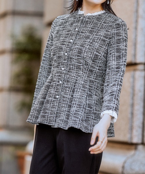 nissen（ニッセン）の「【入学式・卒業式】取り外せるフリル襟付カットツイードペプラムブラウス＋ジャージーテーパードパンツセット＜大きいサイズ有＞（スーツセット・レディース・ホワイト系その他/ブラック系・3L/LL/L/M）」の12枚目の写真