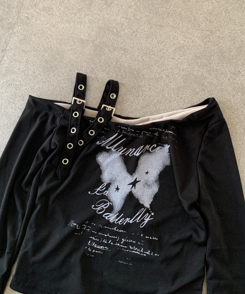 lilful（リルフル）の「【26年春夏新作】ダブルベルトワンショルデザイン バタフライモチーフ フェイクレイヤードクロップドロンT 袖アイレット（Tシャツ/カットソー・レディース・ホワイト/ブラック・S/M）」の17枚目の写真