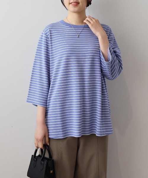 MB mint breeze(エムビーミントブリーズ)の「【L~5L 大きいサイズ】ライトポンチ7分袖ラウンドヘムプルオーバー(Tシャツ/カットソー・レディース・ネイビー/オフホワイト/ブルー・LL/3L/4L/5L)」の1枚目の写真