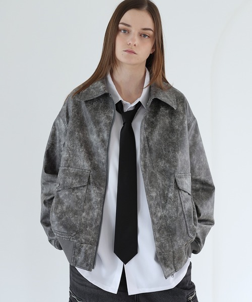 SOCCE（ソーシー）の「ヴィンテージ加工ルーズシルエット合皮ジャケット（その他アウター・メンズ・ブルー系/ブラック/グレー系・S/M/L/XL）」の2枚目の写真