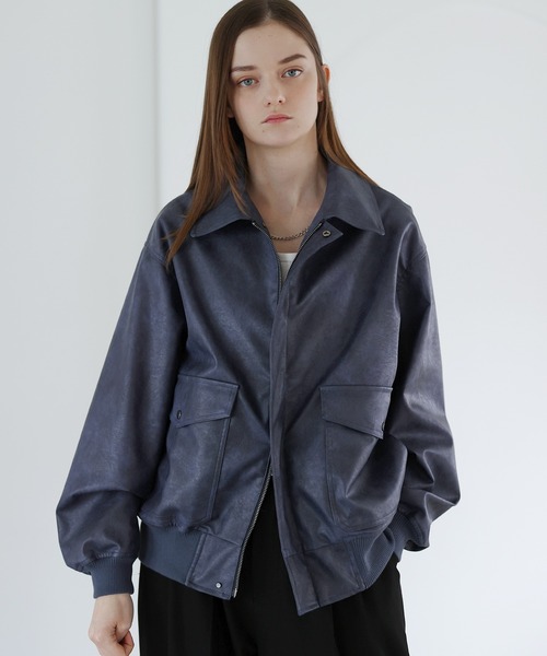 SOCCE（ソーシー）の「ヴィンテージ加工ルーズシルエット合皮ジャケット（その他アウター・メンズ・ブルー系/ブラック/グレー系・S/M/L/XL）」の3枚目の写真