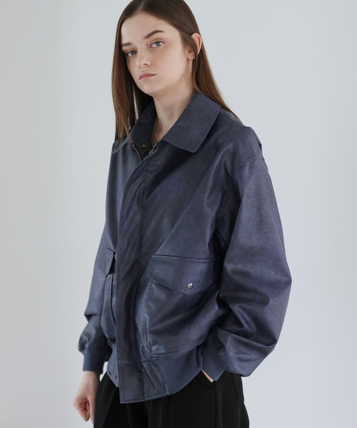 SOCCE（ソーシー）の「ヴィンテージ加工ルーズシルエット合皮ジャケット（その他アウター・メンズ・ブルー系/ブラック/グレー系・S/M/L/XL）」の4枚目の写真