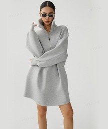 Dalfwin | 韓国ファッション ハーフジップスウェットハイネックミニワンピース(ワンピース)
