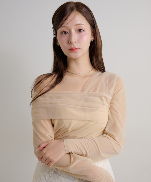 Seemi. byNICECLAUP（ シーミーバイナイスクラップ）の「【Seemi.】チュールトップス（Tシャツ/カットソー・レディース・ブルーグレー/ベージュ/ホワイト・FREE）」の3枚目の写真